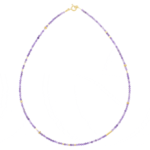 Handmade necklace with natural amethyst gemstones and decorative elements made of gold plated sterling silver. Buy online shop.