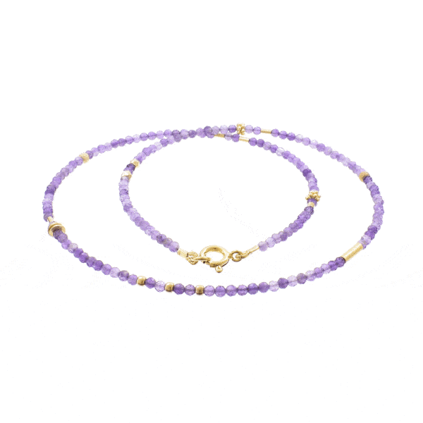 Handmade necklace with natural amethyst gemstones and decorative elements made of gold plated sterling silver. Buy online shop.