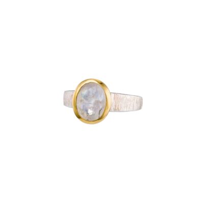 Handmade sterling silver ring with natural, oval-shaped, white labradorite gemstone. The ring has textured band and gold plated bezel. 