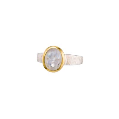 Handmade ring made of sterling silver and natural white labradorite gemstone in an oval shape. The ring has textured band and gold plated bezel. Buy online shop.