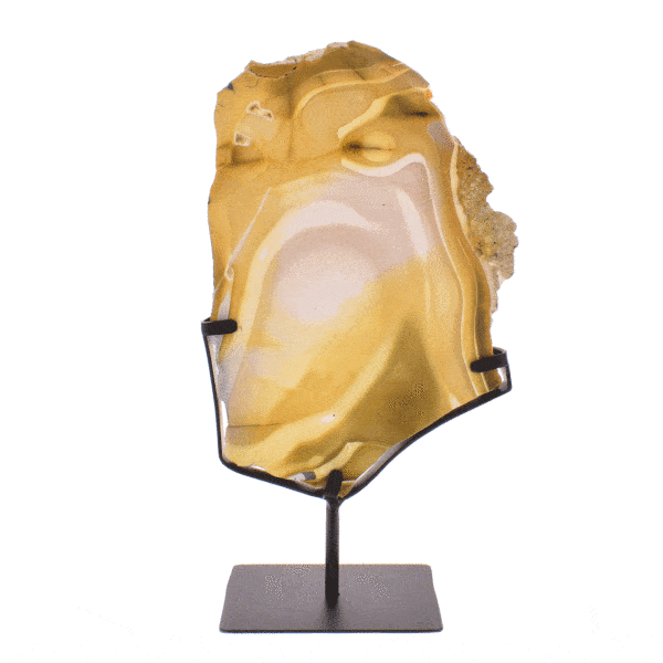 Polished piece of natural yellow moookaite jasper gemstone, placed on a black, metallic base. The product has a height of 32cm. Buy online shop.