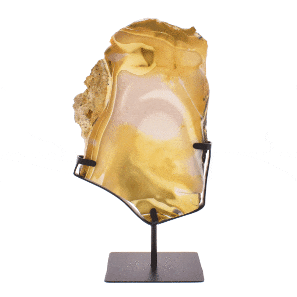 Polished piece of natural yellow moookaite jasper gemstone, placed on a black, metallic base. The product has a height of 32cm. Buy online shop.