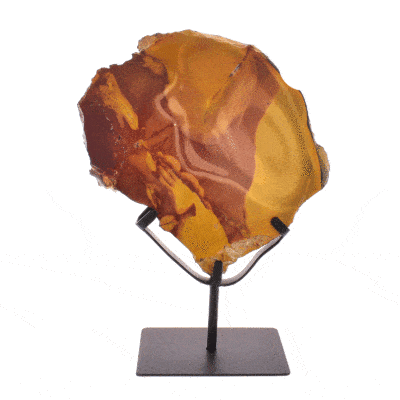 Polished piece of natural red moookaite jasper gemstone, placed on a black, metallic base. The product has a height of 32cm. Buy online shop.