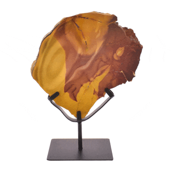 Polished piece of natural red moookaite jasper gemstone, placed on a black, metallic base. The product has a height of 32cm. Buy online shop.