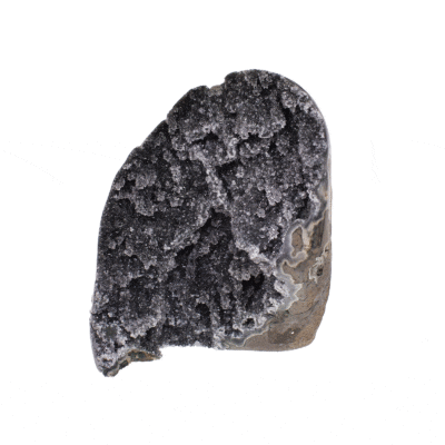 Natural raw dark amethyst gemstone from Uruguay with a polished outline and a cut base, measuring approximately 12cm in height.