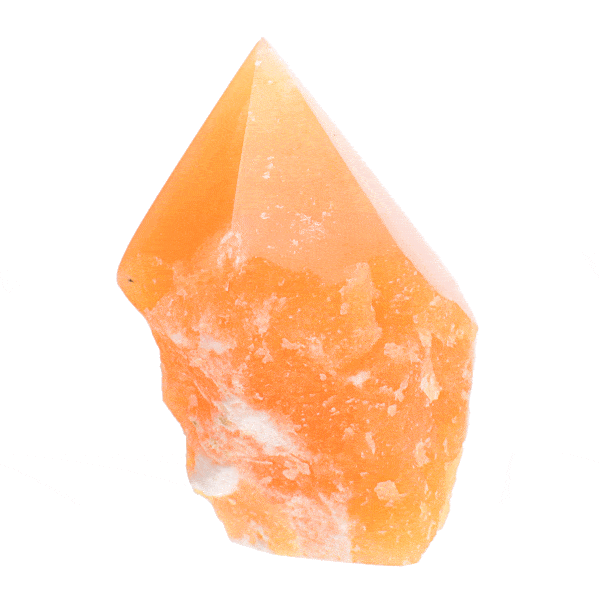Point made from natural orange calcite gemstone, polished on the top. The point has a height of 9cm. Buy online shop.
