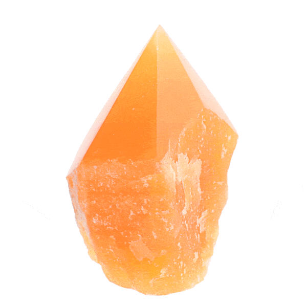 Point made from natural orange calcite gemstone, polished on the top. The point has a height of 9cm. Buy online shop.