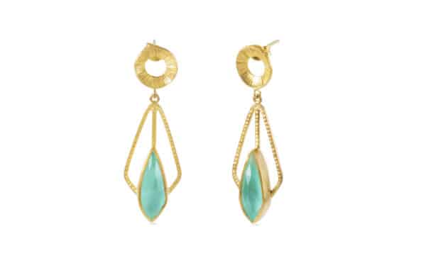 Handmade earrings made of gold plated sterling silver and doublet made of natural green agate and crystal quartz gemstones. The doublet is the result of the combination of two different natural gemstones and the one is always the crystal quartz. In the specific doublet there is a layer of green agate stone on the bottom and on the top there is faceted crystal quartz. This jewellery is a creation of the Greek company Pearls And Lilies Jewellery based in Athens, specialising in handmade jewelry. Buy online shop.