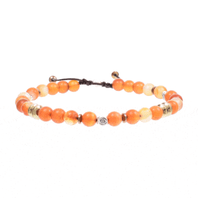 Handmade macrame bracelet with natural carnelian and hematite gemstones, threaded on a brown string. The bracelet is decorated with sterling silver elements. Buy online shop.