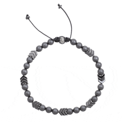 Handmade macrame bracelet with natural hematite gemstones in a spherical and arrow shape. The stones are threaded on a grey string and the bracelet has one decorative sterling silver element. Buy online shop.