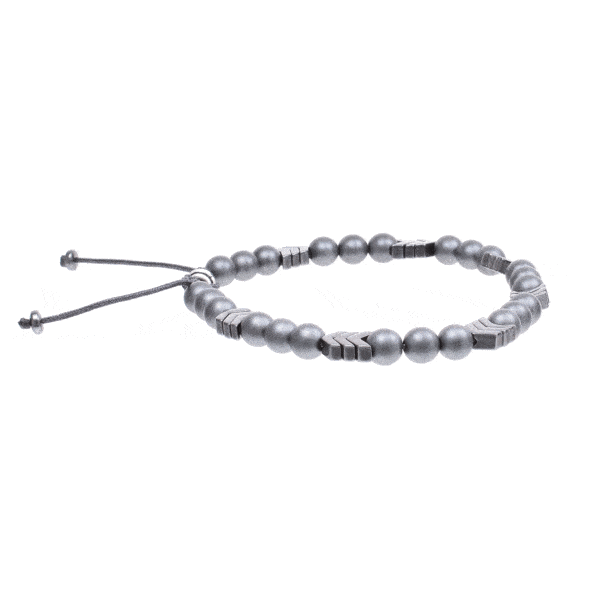 Handmade macrame bracelet with natural hematite gemstones in a spherical and arrow shape. The stones are threaded on a grey string and the bracelet has one decorative sterling silver element. Buy online shop.