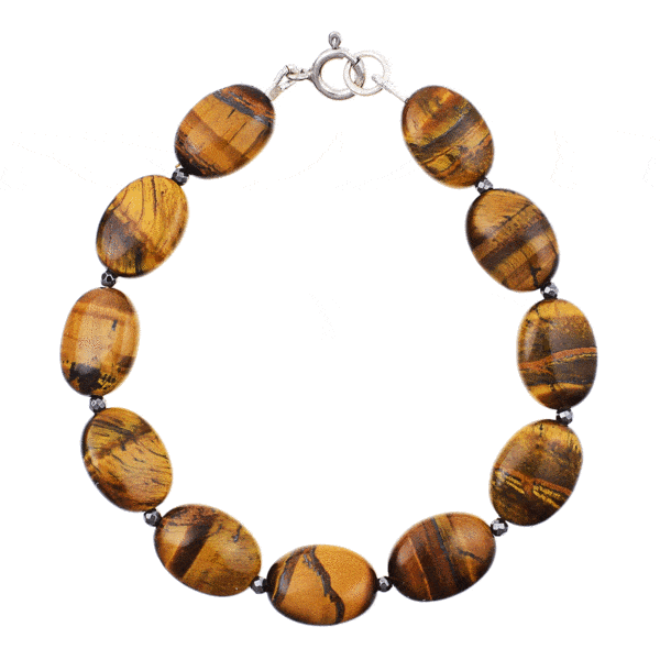 Handmade bracelet with natural tiger's eye gemstones in an oval shape and faceted pyrite gemstones in a spherical shape. The bracelet has a clasp made from sterling silver. Buy online shop.