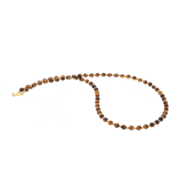 Handmade necklace with natural, faceted tiger's eye and pyrite gemstones. The necklace has a clasp made of gold plated sterling silver. Buy online shop.