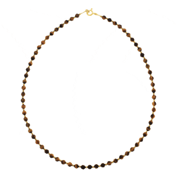 Handmade necklace with natural, faceted tiger's eye and pyrite gemstones. The necklace has a clasp made of gold plated sterling silver. Buy online shop.