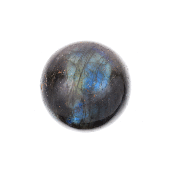 Polished 5.5 diameter sphere made from natural labradorite gemstone. The sphere comes with a black, wooden base. 