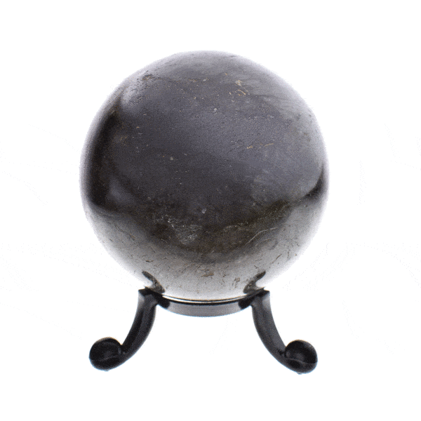 Polished 6.5 diameter sphere made from natural labradorite gemstone. The sphere comes with a black, plexiglass base. Buy online shop.
