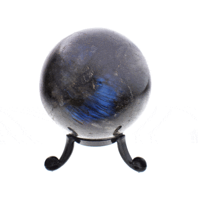 Polished 6.5 diameter sphere made from natural labradorite gemstone. The sphere comes with a black, plexiglass base. Buy online shop.