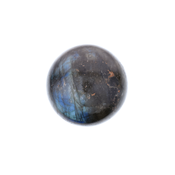 Polished 5.5 diameter sphere made from natural labradorite gemstone. The sphere comes with a black, wooden base. 
