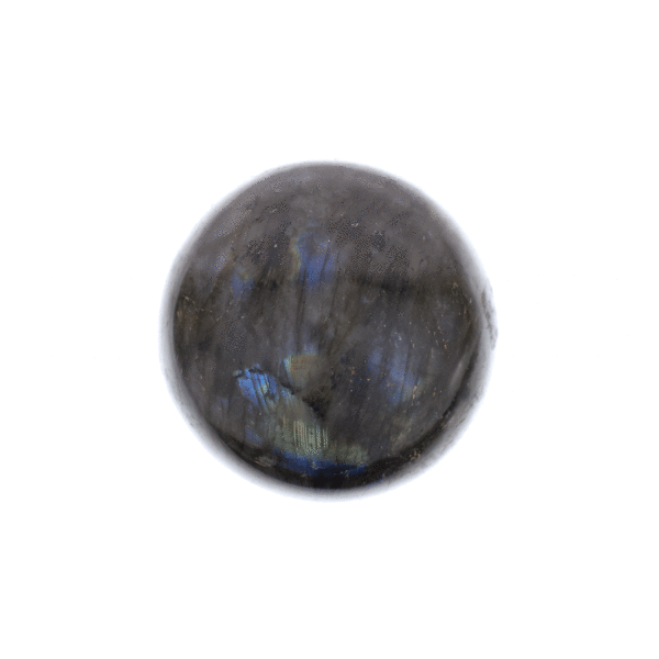 Polished 5.5 diameter sphere made from natural labradorite gemstone. The sphere comes with a black, wooden base. 