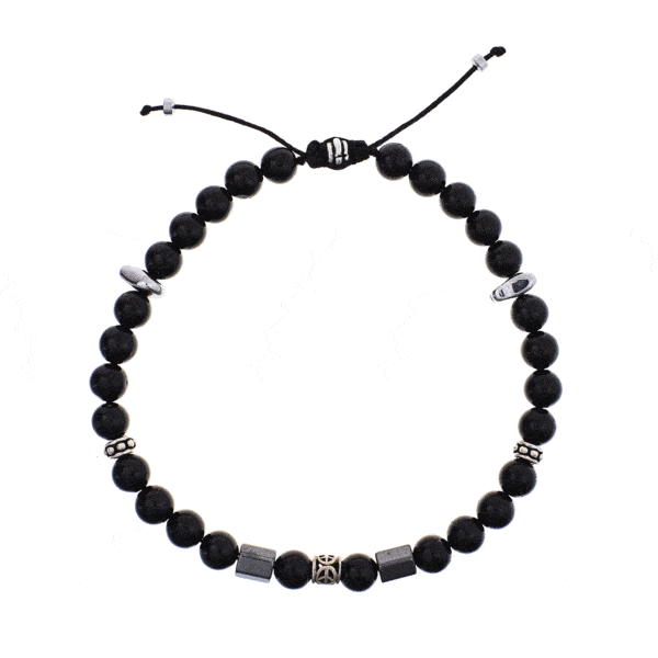 Handmade macrame bracelet with natural black tourmaline and hematite gemstones, threaded on a black, waxed string. The bracelet is decorated with sterling silver elements. Buy online shop.