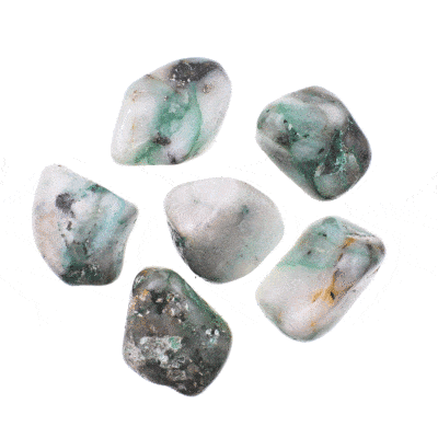 Natural, tumbled dioptase gemstones, ranging from 2.5cm to 3.5cm. Buy online shop.