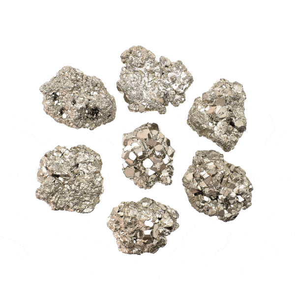 Natural, raw pyrite gemstones, ranging from 2.5cm to 3cm. Buy online shop.