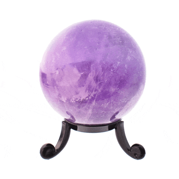 Sphere made from excellent quality natural amethyst gemstone, with a diameter of 6cm. The sphere comes with a black plexiglass base. Buy online shop.