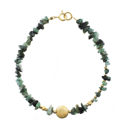 Handmade bracelet with small, polished pieces of natural emerald gemstone in an irregular shape and faceted pyrite gemstones in a spherical shape. The bracelet has decorative elements and clasp made from gold plated sterling silver. Buy online shop.