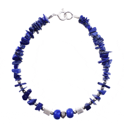Handmade bracelet with small, polished pieces of natural lapis lazuli gemstone in an irregular and rondel shape and natural faceted hematite gemstones in a spherical shape. The bracelet has decorative elements and clasp made from sterling silver. Buy online shop.