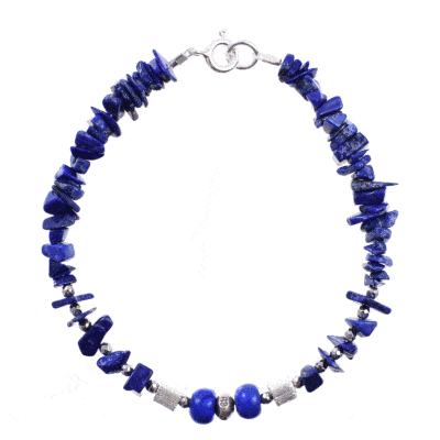 Handmade bracelet with small, polished pieces of natural lapis lazuli gemstone in an irregular and rondel shape and natural faceted hematite gemstones in a spherical shape. The bracelet has decorative elements and clasp made from sterling silver. Buy online shop.