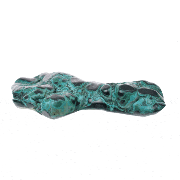 Raw piece of natural chrysocolla gemstone with some polished parts on its front side and a size of 14cm. Buy online shop.