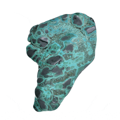 Raw piece of natural chrysocolla gemstone with some polished parts on its front side and a size of 14cm. Buy online shop.