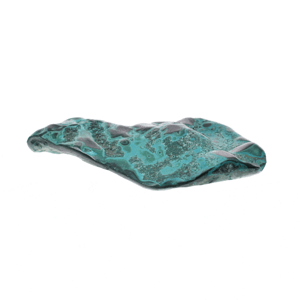 Raw piece of natural chrysocolla gemstone with some polished parts on its front side and a size of 14cm. Buy online shop.