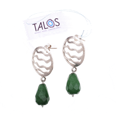 Handmade earrings made of sterling silver and natural, faceted aventurine gemstone in a tear-drop shape. Buy online shop.