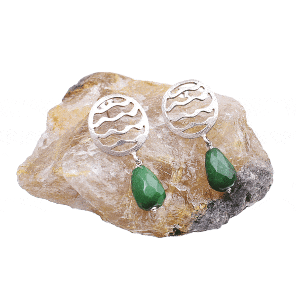Handmade earrings made of sterling silver and natural, faceted aventurine gemstone in a tear-drop shape. Buy online shop.