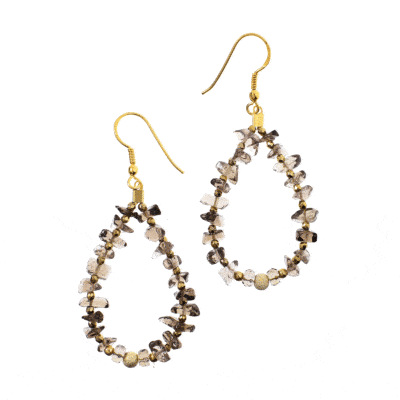 Handmade earrings made of gold plated sterling silver and natural irregular shaped smoky quartz and spherical shaped pyrite gemstones. Buy online shop.