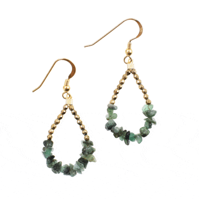 Handmade, teardrop shaped earrings made of gold plated sterling silver and natural emerald and pyrite gemstones in an irregular and spherical shape. Buy online shop.