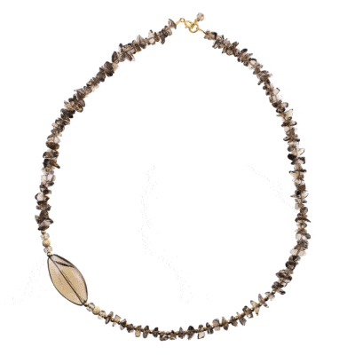 Handmade necklace with natural smoky quartz and pyrite gemstones in an irregular, oval and spherical shape. The necklace has a clasp and decorative elements made from gold plated sterling silver. Buy online shop.