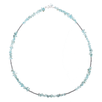 Handmade necklace with natural apatite and hematite gemstones in an irregular and spherical shape. The necklace has a clasp made from sterling silver. Buy online shop.