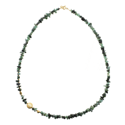 Handmade necklace with small, polished pieces of natural emerald gemstone in an irregular shape and faceted pyrite gemstones in a spherical shape. The necklace has decorative elements and clasp made from gold plated sterling silver. Buy online shop.