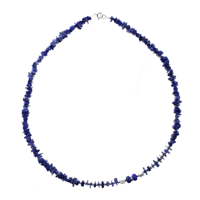 Handmade necklace with small, polished pieces of natural lapis lazuli gemstone in an irregular and rondel shape and natural faceted hematite gemstones in a spherical shape. The necklace has decorative elements and clasp made from sterling silver. Buy online shop.