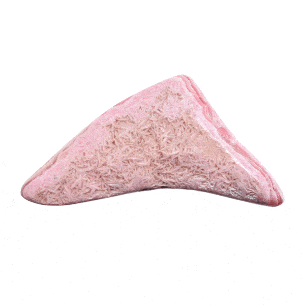 Polished piece of natural, irregular-shaped rhodochrosite gemstone, polished on its one side. The stone has a size of 11cm. Buy online shop.