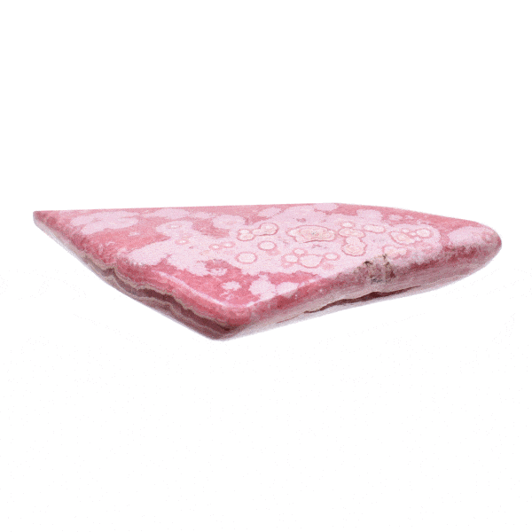 Polished piece of natural, irregular-shaped rhodochrosite gemstone, polished on its one side. The stone has a size of 11cm. Buy online shop.