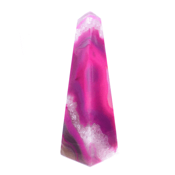 Obelisk made from natural agate gemstone of a pink-fuchsia color and a height of 14cm. Buy online shop.