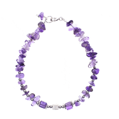 Handmade bracelet with small, polished pieces of natural amethyst gemstone in an irregular and cubic shape and natural faceted hematite gemstones in a spherical shape. The bracelet has decorative elements and clasp made from sterling silver. Buy online shop.