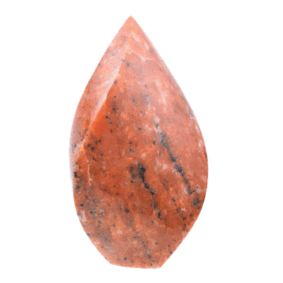 Polished 14cm piece of natural orchid calcite gemstone in the shape of a flame. Buy online shop.