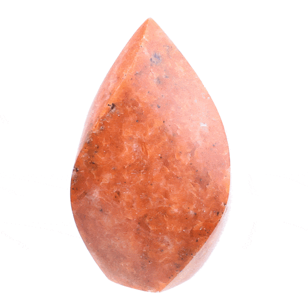 Polished 9.5cm piece of natural orchid calcite gemstone in the shape of a flame. Buy online shop.