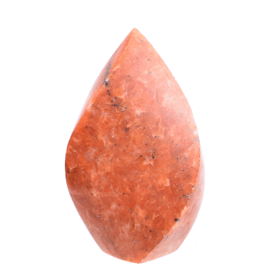 Polished 9.5cm piece of natural orchid calcite gemstone in the shape of a flame. Buy online shop.