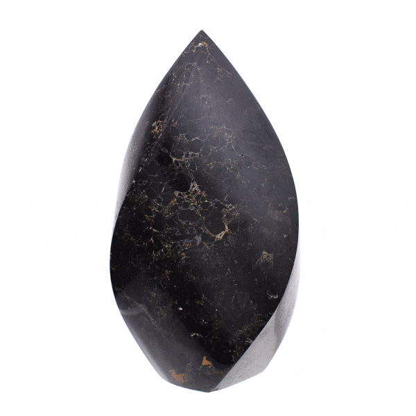 Polished 11.5cm piece of natural black tourmaline gemstone in the shape of a flame. Buy online shop.