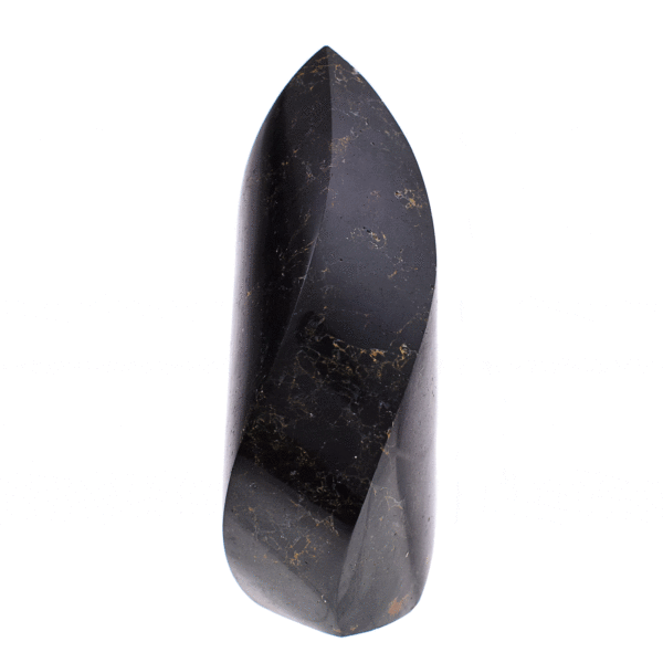 Polished 11.5cm piece of natural black tourmaline gemstone in the shape of a flame. Buy online shop.